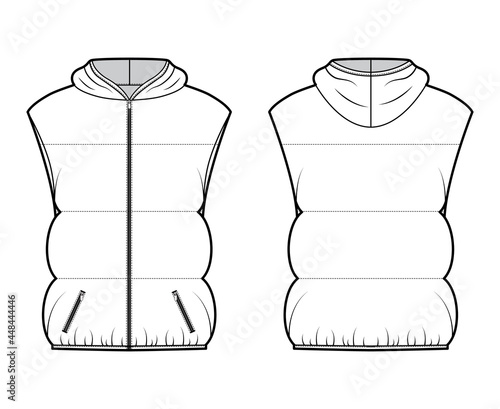 Down vest puffer waistcoat technical fashion illustration with hoody collar, zip-up closure, pockets, hip length, wide quilting. Flat template front, back, white color style. Women, men top CAD mockup