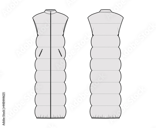 Down vest puffer waistcoat technical fashion illustration with sleeveless, stand collar, zip-up closure, pockets, maxi length. Flat template front, back, grey color style. Women, men unisex CAD mockup