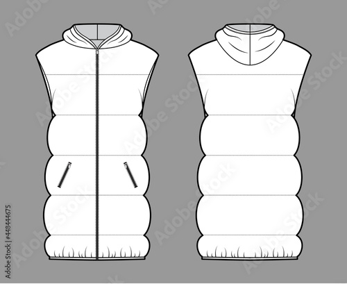 Down vest puffer Hooded waistcoat technical fashion illustration with sleeveless, pockets, hip length, wide quilting. Flat template front, back, white color style. Women, men, unisex top CAD mockup