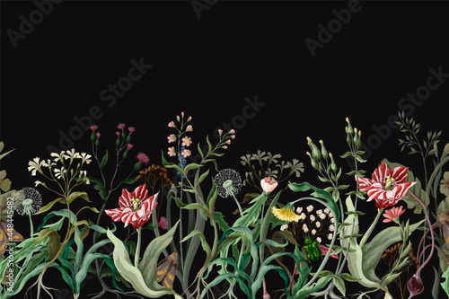 Border with wild thin flowers and insects. Trendy botanical print.
