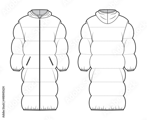 Down puffer coat jacket technical fashion illustration with long sleeves, hoody collar, zip-up closure, wide quilting. Flat template front, back, white color style. Women, men, unisex top CAD mockup