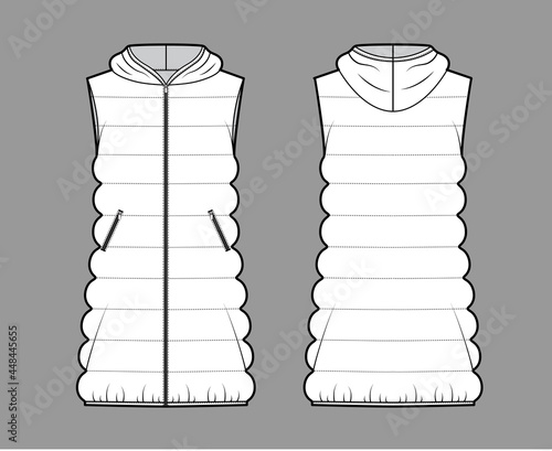 Down vest puffer waistcoat technical fashion illustration with hoody collar, zip-up closure, loose body, classic quilting. Flat template front, back, white color style. Women, unisex top CAD mockup