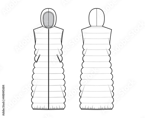 Hooded Down vest puffer waistcoat technical fashion illustration with sleeveless, zip-up closure, oversized, classic quilting. Flat template front, back, white color style. Women, men, unisex top CAD