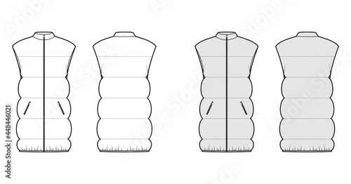 Down vest puffer waistcoat technical fashion illustration with sleeveless, stand collar, hip length, wide quilting. Flat template front, back, white, grey color style. Women, men unisex top CAD mockup