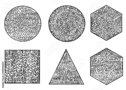 Set of doodle Geometric shapes irregular linear hatching textures lines drawn with calligraphy pen or pencil ink in a circle, Squiggle abstract line scribble. Circle, triangle, square, rhombus. Vector