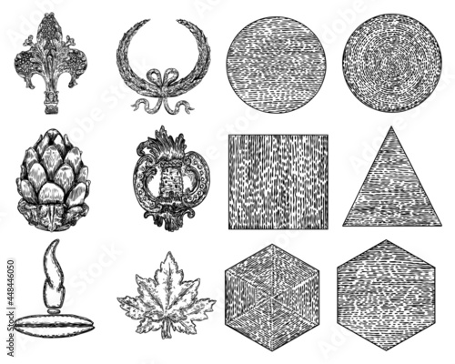 Set of vintage style floral circular cast stone and ornate ceilings design elements. Low poly geometry shape star crystals for Christmas and other decorative drawings. Vector.