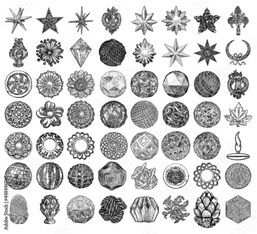 Set of vintage style floral circular cast stone and ornate ceilings design elements. Low poly geometry shape star crystals for Christmas and other decorative drawings. Vector.