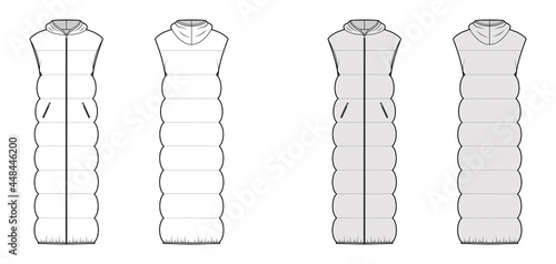 Down vest puffer waistcoat technical fashion illustration with sleeveless, hoody collar, maxi length, wide quilting. Flat template front, back, white, grey color style. Women men unisex top CAD mockup