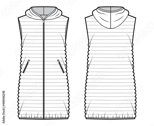 Down vest puffer waistcoat technical fashion illustration with sleeveless, hoody collar, pockets, loose fit, thigh length. Flat template front, back, white color style. Women, men, unisex CAD mockup