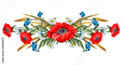 Bouquets with botanical flowers such as poppies, chamomile, ear of wheat.