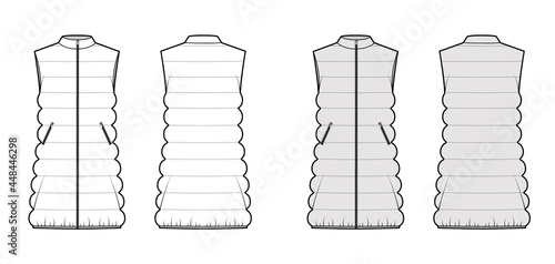 Down vest puffer waistcoat technical fashion illustration with sleeveless, stand collar, loose body, thigh length. Flat template front, back, white, grey color style. Women, men, unisex top CAD mockup
