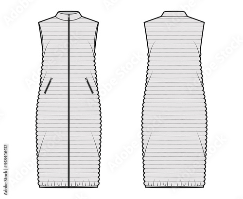 Down vest puffer waistcoat technical fashion illustration with sleeveless, stand collar, pockets, midi length, narrow quilting. Flat template front, back, grey color style. Women, men, unisex top CAD