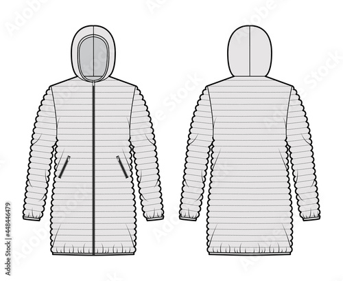 Down puffer coat jacket technical fashion illustration with long sleeves, hoody collar, pockets, oversized, hip length, narrow quilting. Flat template front, back, grey color. Women men top CAD mockup