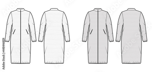 Down puffer coat jacket technical fashion illustration with stand collar, pockets, oversized, knee length, narrow quilting. Flat template front, back, white, grey color style. Women, men, unisex CAD