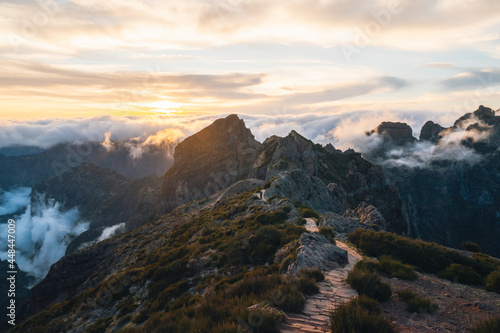 Scenic view on the trekking path from Pico Arieiro to Pico Ruivo during sunset in Madeira Portugal. High quality photo photo