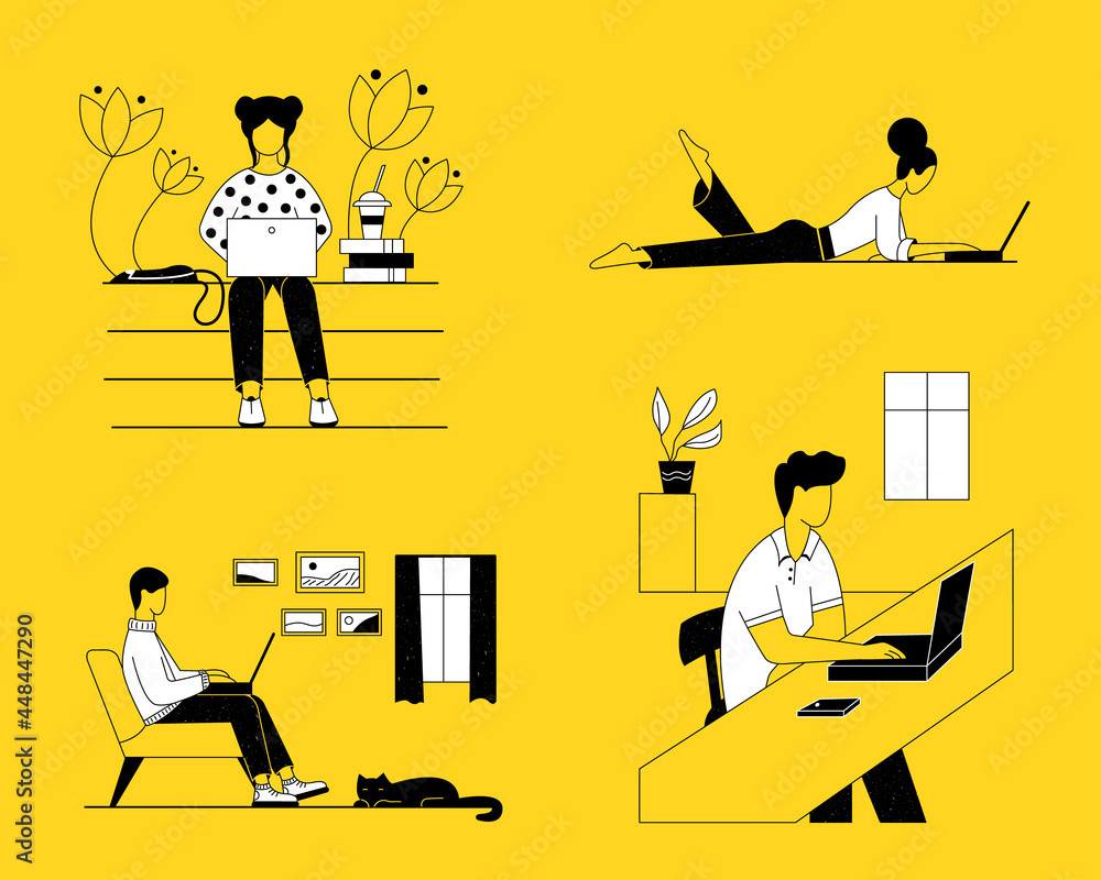 Obraz premium Men and women work, study on a laptop at home remotely online. They are sitting in a chair, at a table, on the steps, lying on the floor. Linear style