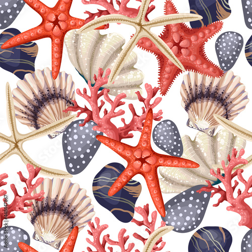 Seamless pattern with red starfishes, shells and coral. Vector trendy print.