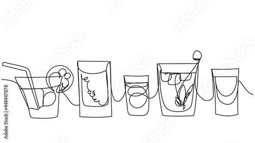 One line cocktails set isolated on white background. Vector outline with a bar counter.