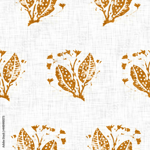 Hand drawn flower motif linen texture. Whimsical garden seamless pattern. Modern spring doodle floral nature textile for home decor. Botanical scandi style rustic orange all over print.