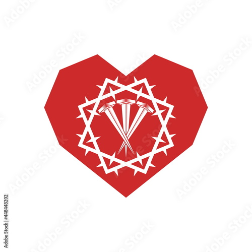 Christian illustration. Church logo. Crown of thorns and crucifixion nails inside the heart.