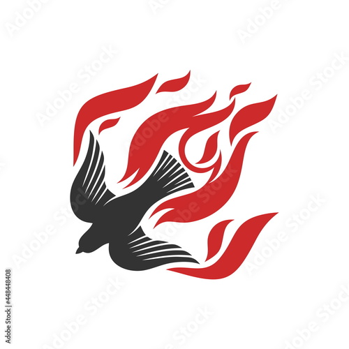 Christian illustration. Church logo. The dove and the flame of fire are symbols of God's Holy Spirit, peace and humility.