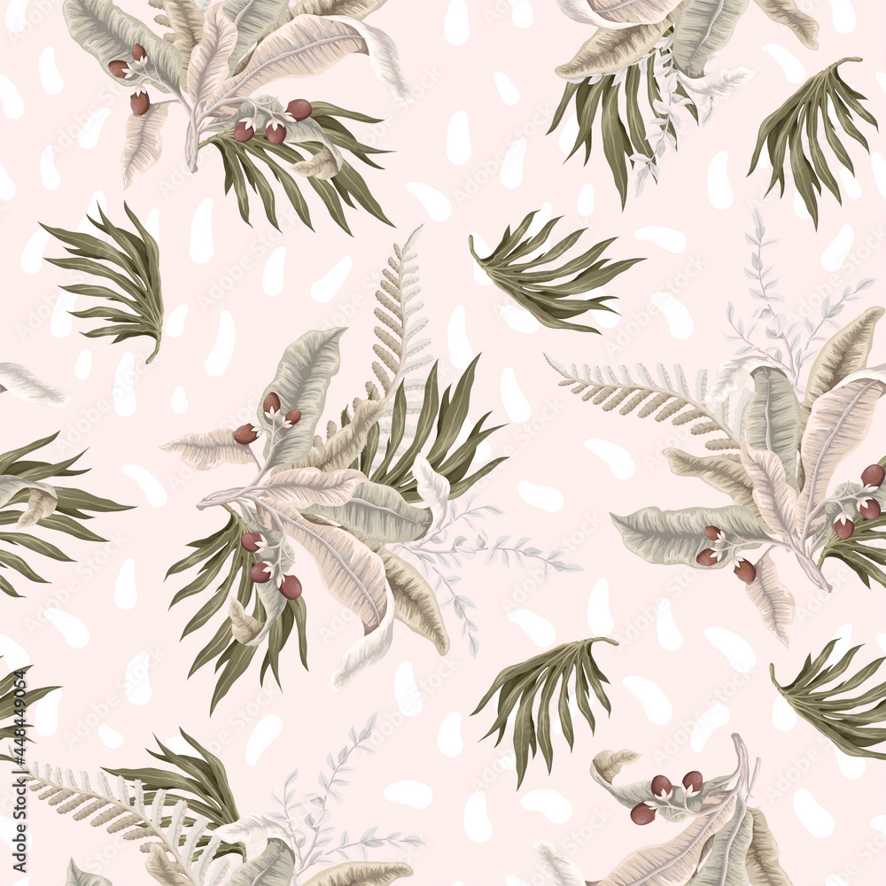 Seamless pattern with light tropical leaves and flowers. Trendy textile print.