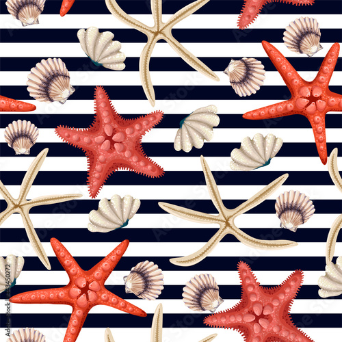 Seamless pattern with red starfishes, shells and coral on striped background. Vector trend print.