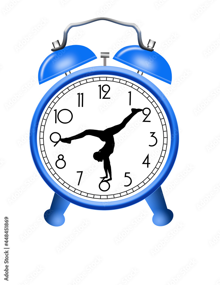 A girl gymnast balances in a hand stand on the face of a clock in a 3-d illustration about it being time to exercise. A girl gymnast balances in a hand stand on the face of a clock in a 3-d illustration about it being time to exercise.