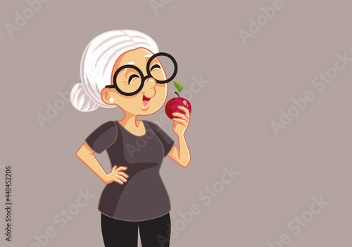Healthy Granny Eating an Apple Vector Illustration