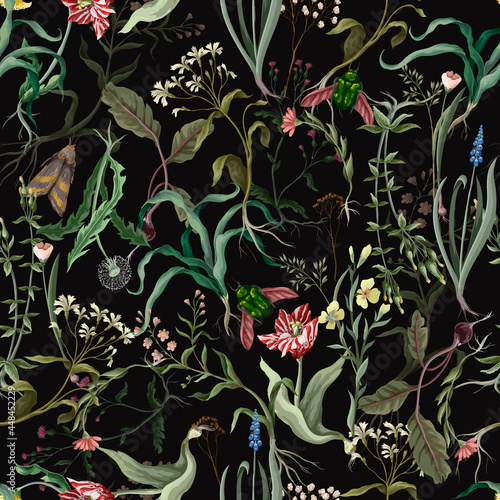 Seamless pattern with wild thin flowers and insects. Trendy botanical print.