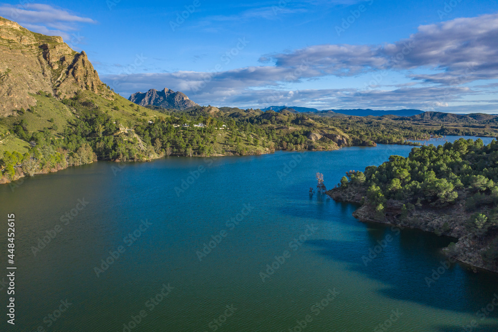 Aerial photo of Reservoir Alfonso XIII in mountains of Calaspara, Murcia, Spain