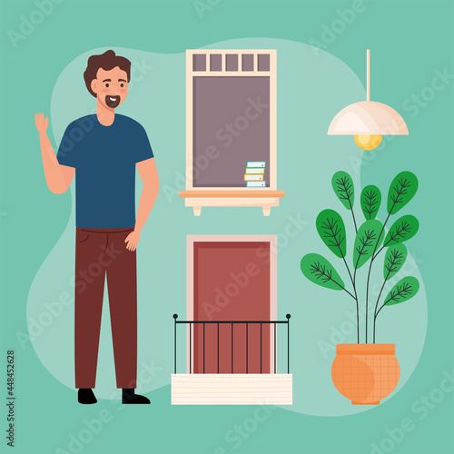 man with icons of window