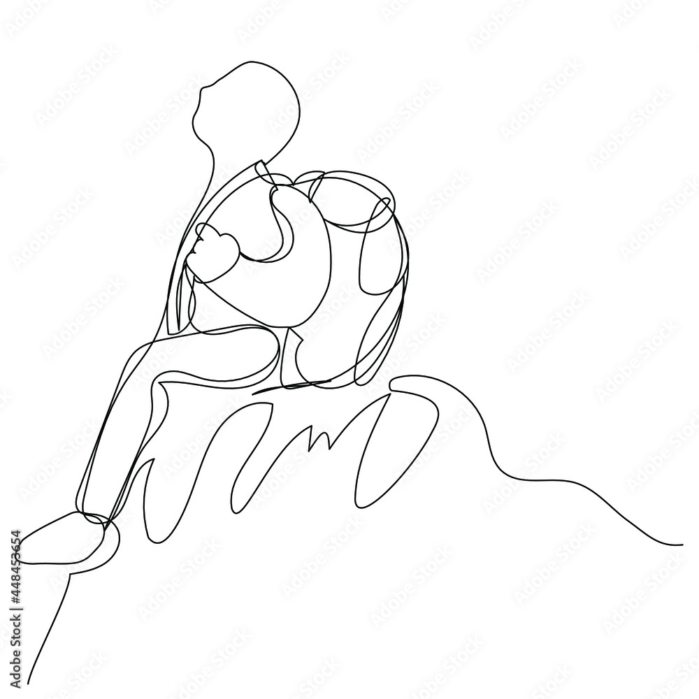 Climber's contour at the top of the mountain. Seated traveler in one line on a white background. Climber's contour at the top of the mountain. Seated traveler in one line on a white background.
