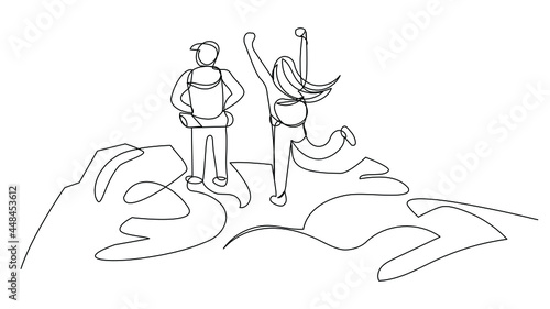 A loving couple travels the world. Two tourists in the mountains in one line on a white background.