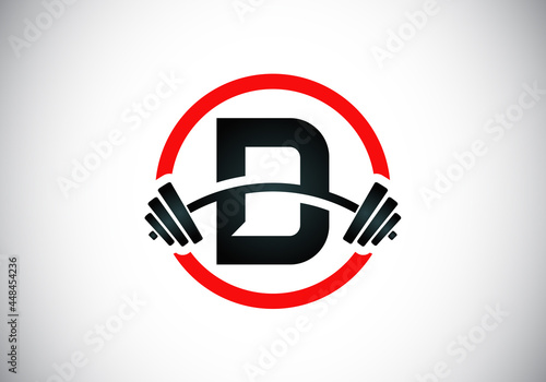 Initial D  monogram alphabet with a barbell. Lifting vector logo design. Modern vector logo for bodybuilding, gym, fitness club, business, and company identity