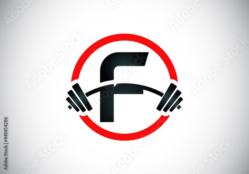 Initial F  monogram alphabet with a barbell. Lifting vector logo design. Modern vector logo for bodybuilding, gym, fitness club, business, and company identity