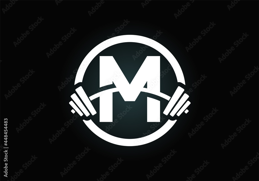 Fototapeta premium Initial M monogram alphabet with a barbell. Lifting vector logo design. Modern vector logo for bodybuilding, gym, fitness club, business, and company identity