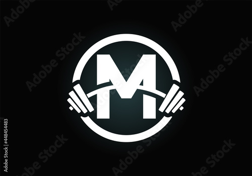 Initial M monogram alphabet with a barbell. Lifting vector logo design. Modern vector logo for bodybuilding, gym, fitness club, business, and company identity