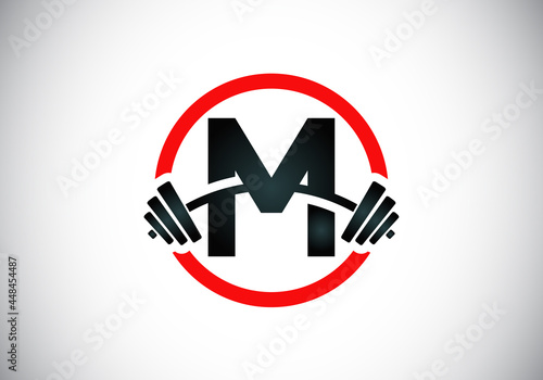 Initial M monogram alphabet with a barbell. Lifting vector logo design. Modern vector logo for bodybuilding, gym, fitness club, business, and company identity