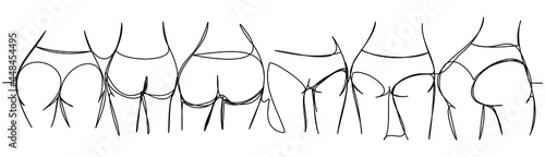 Women's sports volleyball team in one line. Fit girls back view. Fitness group with elastic buttocks. For a banner to the gym.