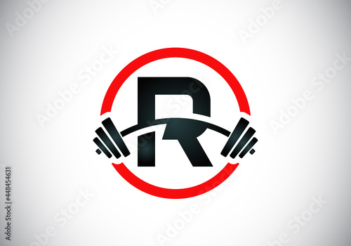 Initial R monogram alphabet with a barbell. Lifting vector logo design. Modern vector logo for bodybuilding, gym, fitness club, business, and company identity