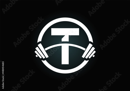 Initial T monogram alphabet with a barbell. Lifting vector logo design. Modern vector logo for bodybuilding, gym, fitness club, business, and company identity