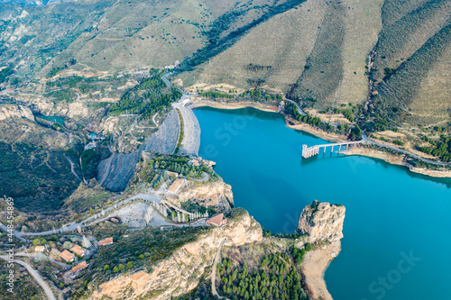 Aerial landscape shot of Reservoir of Chanels in Sierra Nevada mountains Granada, Andalucia, Spain