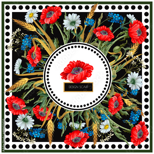 Design scarf with geraniums and wild flowers. Trendy floral vector print