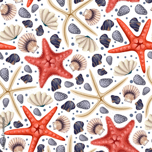 Seamless pattern with red starfishes, shells and coral. Vector trend print.