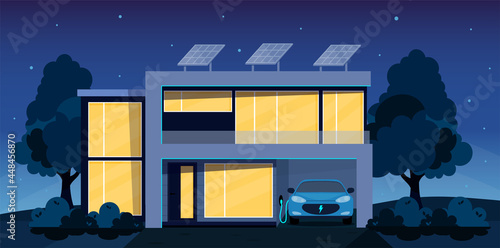 Eco friendly, smart house concept. Modern house  exterior  with solar panels on the roof and electric car charger in the garage. Flat style vector illustration. Smart home front view at night

