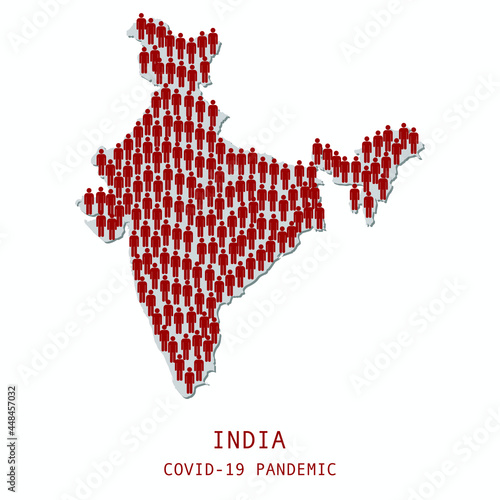 Illustrations concept red people symbols in shape of map of India , COVID-19 pandemic in India, infection spread around India country map