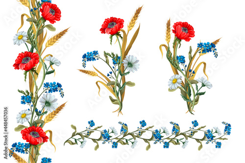 Bouquets with botanical flowers such as poppies, chamomile, ear of wheat and border.