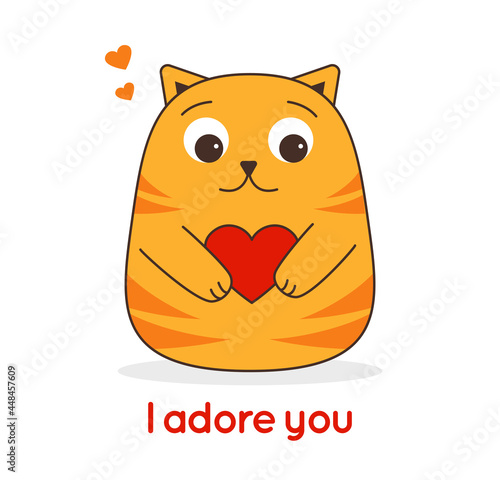 Cat little cute red striped holds a red heart in its paws and the inscription I adore you from below isolated on white background. Valentines Day. Greeting card for the holiday. Vector illustration