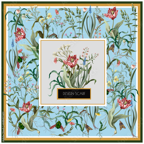Design scarf with wild flowers and insects. Trendy vector print.